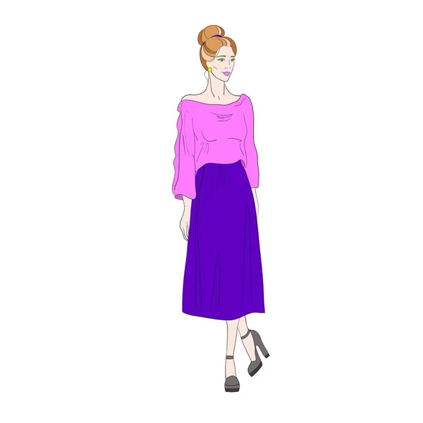 Vector Illustration Image Standing Girl Purple Skirt Pink Blouse — Stock Vector