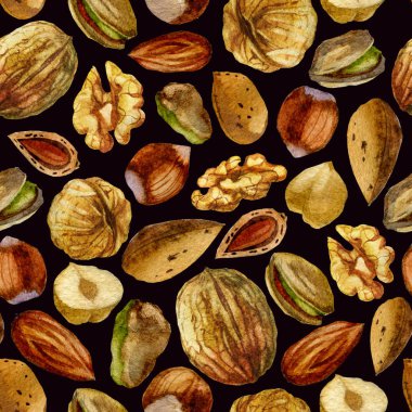 Watercolor illustration, pattern. Nuts on a black background clipart