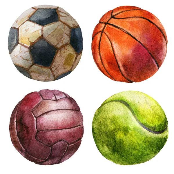 Ακουαρέλα Εικονογράφηση Ορίστε Μπάλες Ποδόσφαιρο Μπάσκετ Βόλεϊ Τένις Μπάλα — Φωτογραφία Αρχείου