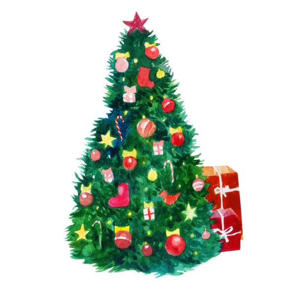Ilustración Acuarela Árbol Navidad Decorado Con Juguetes Navidad Linternas Arcos —  Fotos de Stock