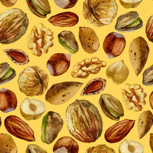 Watercolor illustration, pattern. Nuts on a beige background. — Stock Photo, Image