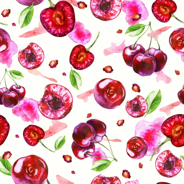 Ilustración de acuarela, patrón. Bayas sobre fondo blanco. Bayas de cereza, semillas de cereza, manchas rosadas . —  Fotos de Stock