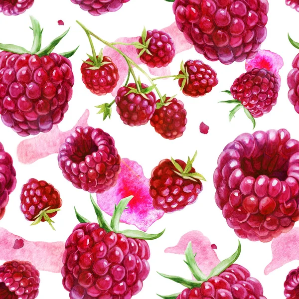 Aquarell Illustration, Muster. Beeren auf weißem Hintergrund. Himbeeren, Himbeeren auf einem Zweig, rosa Flecken. — Stockfoto