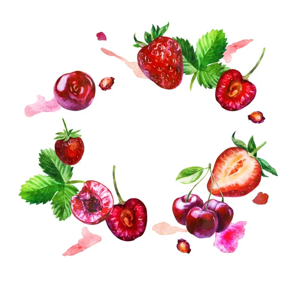 Ilustrație acuarelă, model. Fructe pe fundal alb. Zmeură, zmeură pe o crenguță, pete roz . — Fotografie, imagine de stoc
