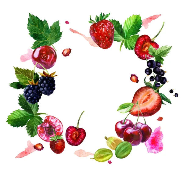 Ilustracja akwarela, ramka. Jagody na białym tle. Wiśniowe jagody, Wiśniowe kamienie, truskawki, jeżyny, porzeczki, agrest, liście, różowe plamy. — Zdjęcie stockowe