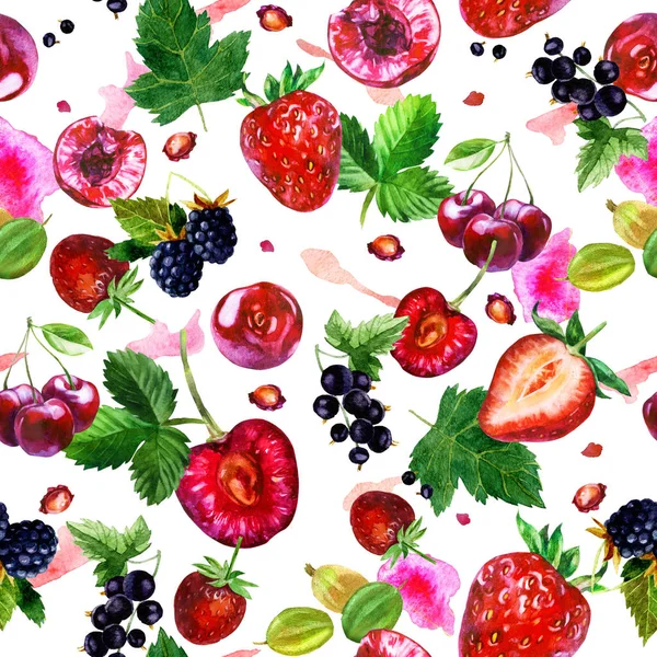 Aquarell Illustration, Muster. Beeren auf weißem Hintergrund. Kirschen, Erdbeeren, Johannisbeeren, Brombeeren, Stachelbeeren, rosa Flecken — Stockfoto