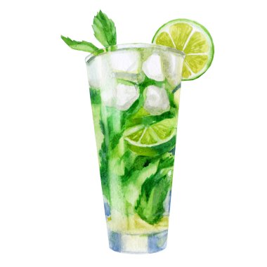 Suluboya illüstrasyon. Mojito kokteyli olan bir bardak görüntüsü. Nane yaprakları, limon, içecekler için buz küpleri, kokteyller.