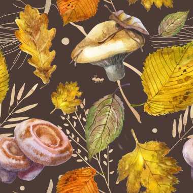 Suluboya illüstrasyon, desen. Orman motifi. Mantarlar, dallar ve kahverengi bir arka plan üzerinde yaprakları