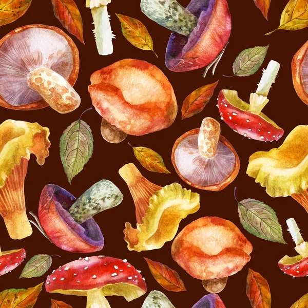 Ilustración de acuarela, patrón. Motivo del bosque. Champiñones y hojas sobre fondo marrón —  Fotos de Stock