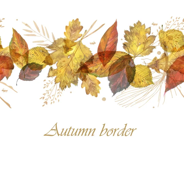 Watercolor illustration. Endless border, strip. Leaves and branches on a white background. Autumn motif — Stock Photo, Image