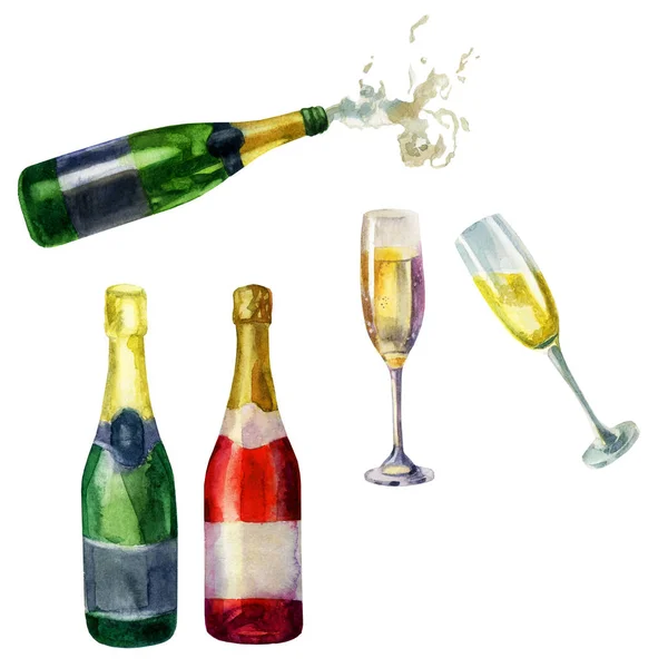 Bottiglia aperta di champagne, schiuma versante, bottiglia rossa di champagne, spumante, bottiglia verde di champagne, bicchieri di vino, bicchieri di champagne, spumante . — Foto Stock