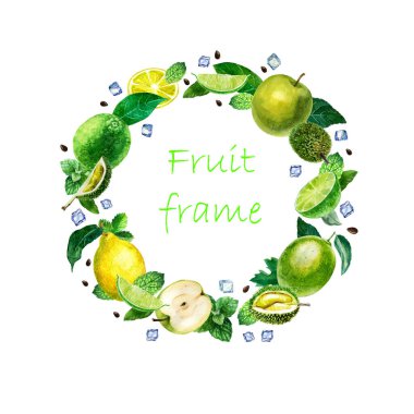 Suluboya resimli meyve çerçevesi. Elmalı limonlu nane şekeri, buz küpleri..