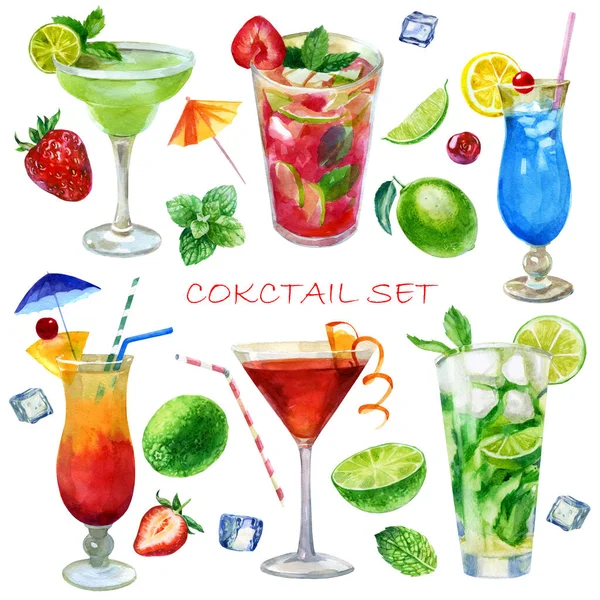 Suluboya çizim seti. Plajda seks kokteyli, mojito, margarita, cosmopolitan, çilekli mojito ve mavi lagün. Nane yaprağı, kireç, kireç dilimleri, içecek olarak buz, kokteyl, kiraz, çilek, pipet. 