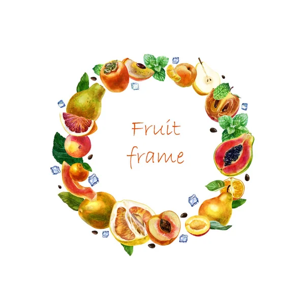 Ilustración Acuarela Marco Fruta Papaya Caqui Pera Pomelo Mandarinas Mango — Foto de Stock