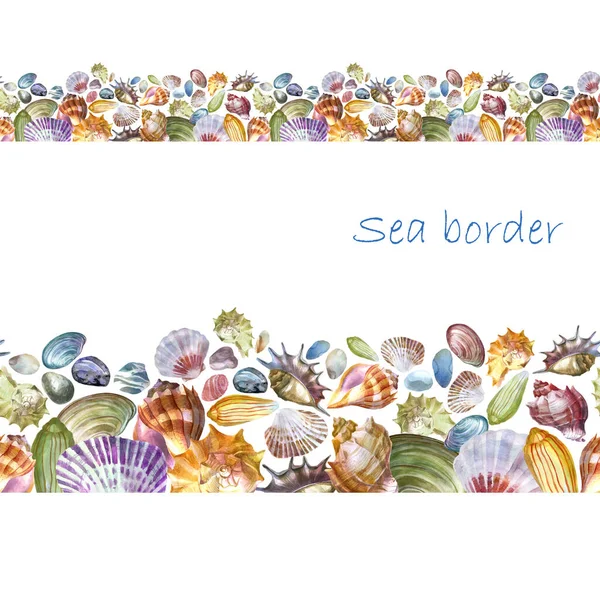 Borda Ilustração Aquarela Conchas Mar Pedras Marinhas — Fotografia de Stock