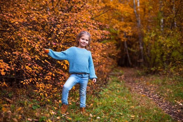Kislány sétál az őszi erdőben blu ruhában — Stock Fotó
