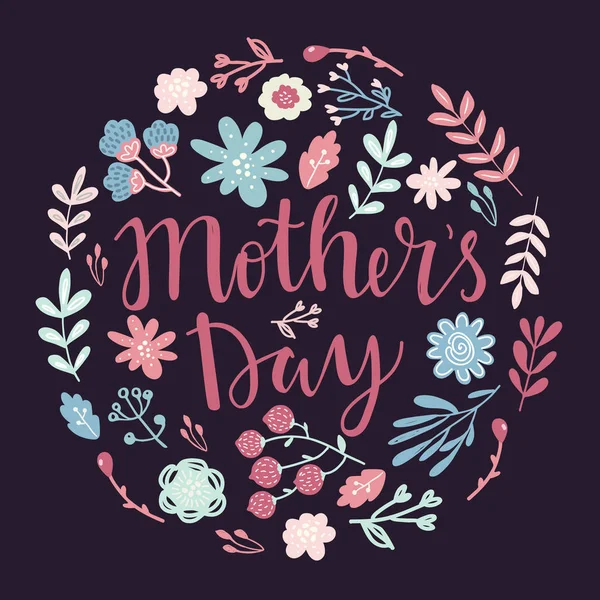 Mutlu Anneler Günü vektör harfleri resimli tebrik kartı. Basit renkli çiçeklerle süslenmiş el çizimi harf metni