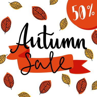 Sonbahar satış metin afiş. Sonbahar satış poster ve arka plan elle çizilmiş dokuları ve sonbahar yaprakları çiçek