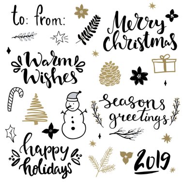 Set of christmas design elements and hand written lettering about christmas and winter holidays. hand written lettring phrases clipart