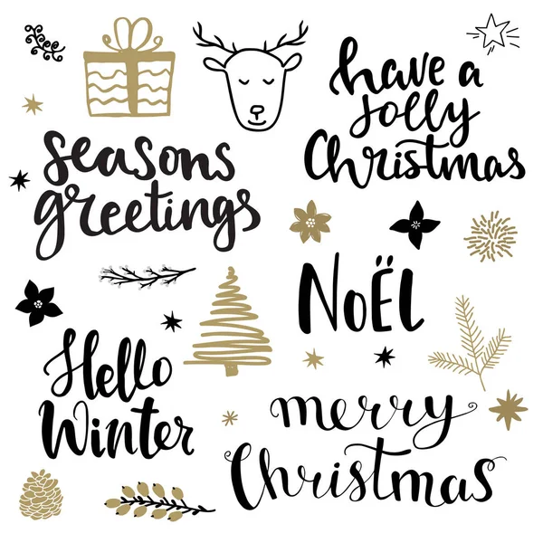 Conjunto Elementos Diseño Navideño Letras Escritas Mano Sobre Navidad Vacaciones — Vector de stock