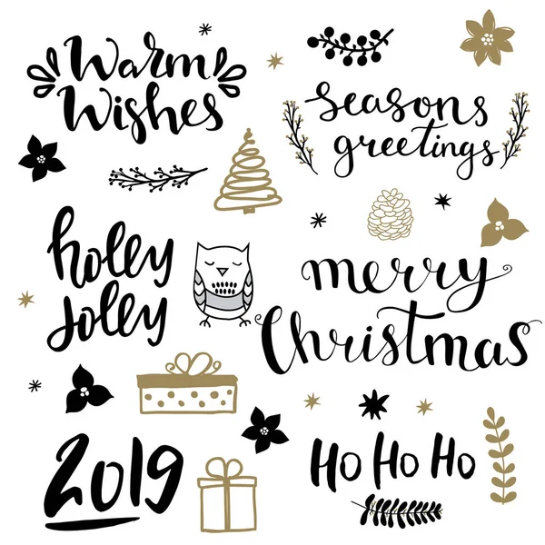 Noel tasarım öğeleri ve Noel ve kış tatil hakkında yazı el yazılı kümesi. Kutsal gece, mutlu Noeller, holly neşeli el yazılı ifadeler