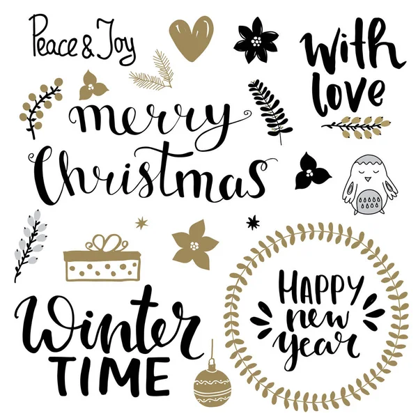 Conjunto Elementos Diseño Navideño Letras Escritas Mano Sobre Navidad Vacaciones — Vector de stock