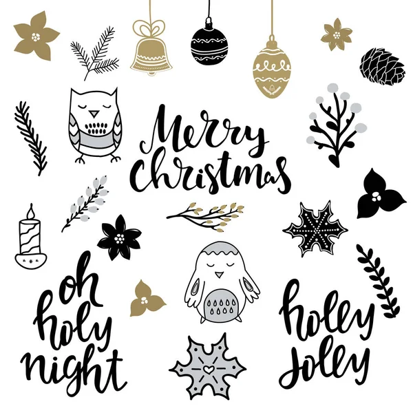 Conjunto Elementos Diseño Navidad Letras Escritas Mano Sobre Navidad Las — Vector de stock