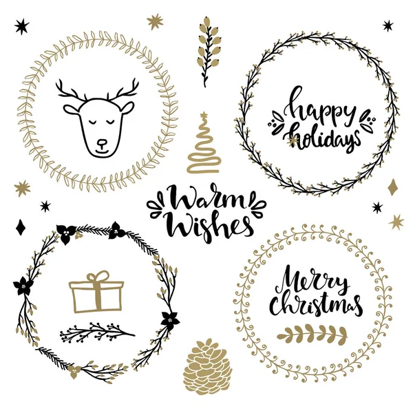 Conjunto Elementos Diseño Navideño Letras Escritas Mano Sobre Navidad Vacaciones — Vector de stock