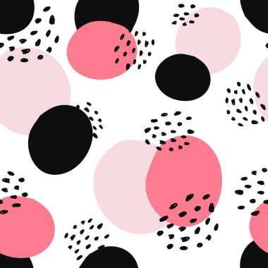 Noktalı, çiçekli, yuvarlak, açılı ve geometrik elementli soyut şekiller kusursuz kolaj deseni oluşturur. Web, bayraklar, kartlar, kumaş, tekstil ve yüzey tasarımı için tablolu modern duvar kağıdı arka planı