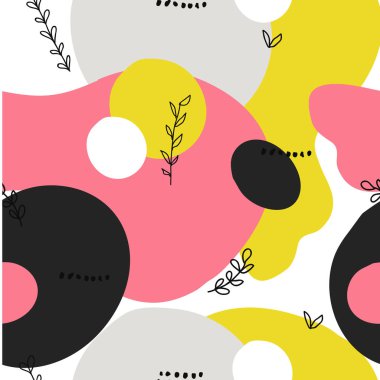 Noktalı, çiçekli, yuvarlak, açılı ve geometrik elementli soyut şekiller kusursuz kolaj deseni oluşturur. Web, bayraklar, kartlar, kumaş, tekstil ve yüzey tasarımı için tablolu modern duvar kağıdı arka planı