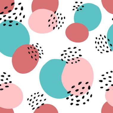 Noktalı, çiçekli, yuvarlak, açılı ve geometrik elementli soyut şekiller kusursuz kolaj deseni oluşturur. Web, bayraklar, kartlar, kumaş, tekstil ve yüzey tasarımı için tablolu modern duvar kağıdı arka planı
