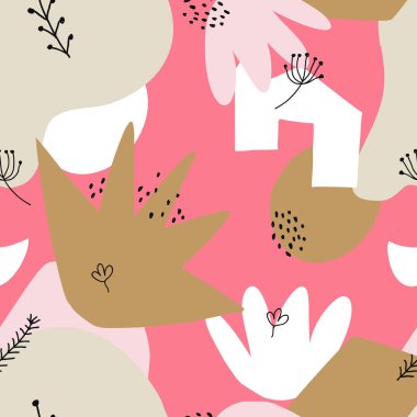 Noktalı, çiçekli, yuvarlak, açılı ve geometrik elementli soyut şekiller kusursuz kolaj deseni oluşturur. Web, bayraklar, kartlar, kumaş, tekstil ve yüzey tasarımı için tablolu modern duvar kağıdı arka planı