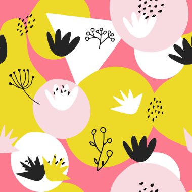 Noktalı, çiçekli, yuvarlak, açılı ve geometrik elementli soyut şekiller kusursuz kolaj deseni oluşturur. Web, bayraklar, kartlar, kumaş, tekstil ve yüzey tasarımı için tablolu modern duvar kağıdı arka planı