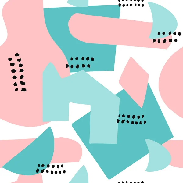 Abstrakta former sömlös collage mönster med prickar, blommor, runda och vinklar och geometriska element. Utbytbar modern tapet bakgrund för webben, banderoller, kort, tyg, textil och yta design — Stock vektor