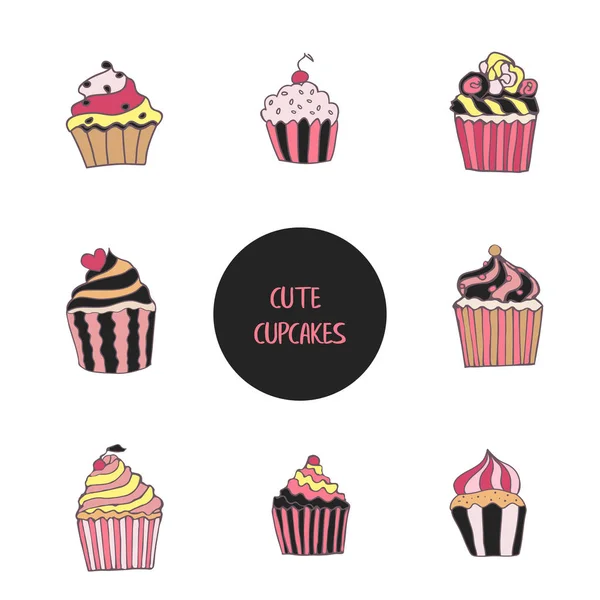 Conjunto de cupcakes decorativos bonito doodle para folheto de festa e design de banner e convites —  Vetores de Stock