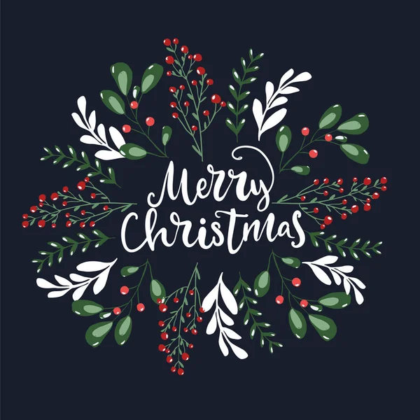 Frohe Weihnachten Grußkarte mit handgeschriebenen kalligraphischen Worten und handgezeichneten floralen Zweigen und Designelementen in roten und grünen Farben auf dunklem Hintergrund — Stockvektor
