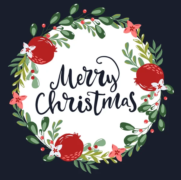 Frohe Weihnachten Grußkarte mit handgeschriebenen kalligraphischen Worten und handgezeichneten Blumenzweigen, Granatapfelfrüchten und Designelementen in roten und grünen Farben auf dunklem Hintergrund — Stockvektor