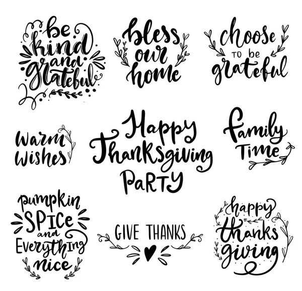 Kézzel rajzolt betűkészlet ősszel, ősszel és hálaadáskor idézetek és gyógyszertárak kártyák, bannerek, plakátok tervezéséhez. Boldog Hálaadást, légy kedves és hálás, családi idõ szavak — Stock Vector