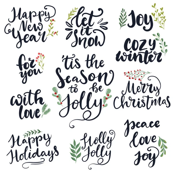Set of hand written lettering typography phrases about Merry Christmas and Happy New year. Tis la temporada para ser jolly, holly jolly, peace, love, joy words for cards, posters, banners. — Vector de stock