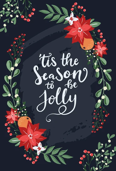 Şen şakrak kartlar ve el çizimi Noel dekoratif unsurları, çiçekler ve dallar mevsimi geldi. El yapımı vintage tarzı Mutlu Noeller kartı