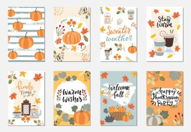 Şükran Günü ve mevsimsel selamlaşma tasarımları için el yapımı vektör illüstrasyon posterleri ve kartlar. El yazısı harf cümleleri