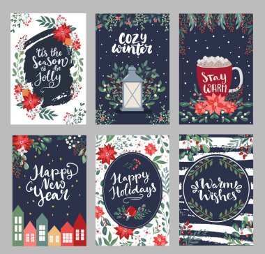 Geleneksel renklerde, dikey afişlerde, el ilanlarında, davetiyelerde Mutlu Noeller yazılı kartlar. Mutlu yıllar, mutlu bayramlar kartları Noel çiçekleri ve kış eşyalarıyla
