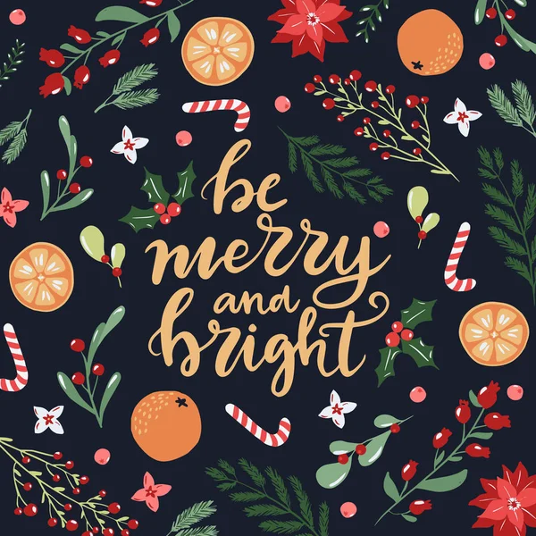 Neşeli ve parlak el yazısıyla mutlu noel tebrik kartı, çiçek ve meyve süsleme unsurları, çiçekler, dallar ve portakal dilimleri