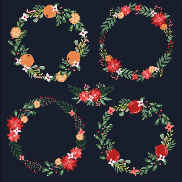 Set of merry christmas vector floral wreaths with poinsettia flowers, mistletoe, oranges, pomegranates fruits and floral branches in hand drawn style. — Archivo Imágenes Vectoriales