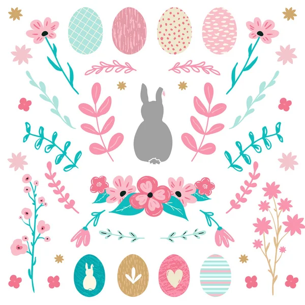 Conjunto de brunches florais e folhas, flores, ovos e elementos decorativos para cartões de Páscoa, banners, design de cartazes — Fotografia de Stock