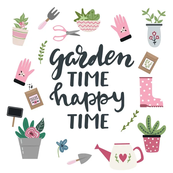 Garden time, happy time lettering. Set of tools for gardening in cute hand drawn style. Garden elements: wheelbarrow, spade, watering can, flowers, garden gloves, flowerpots, grass and leaves.