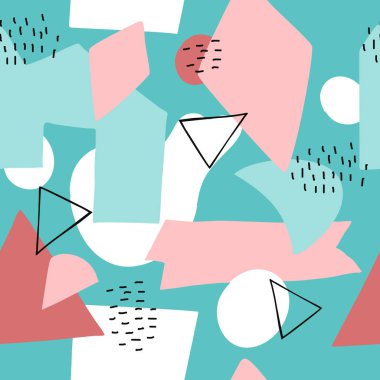 Noktalı, çiçekli, yuvarlak, açılı ve geometrik elementli soyut şekiller kusursuz kolaj deseni oluşturur. Web, bayraklar, kartlar, kumaş, tekstil ve yüzey tasarımı için tablolu modern duvar kağıdı arka planı