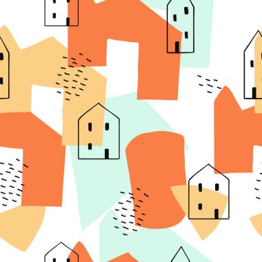 Noktalı, çiçekli, yuvarlak, açılı ve geometrik elementli soyut şekiller kusursuz kolaj deseni oluşturur. Web, bayraklar, kartlar, kumaş, tekstil ve yüzey tasarımı için tablolu modern duvar kağıdı arka planı