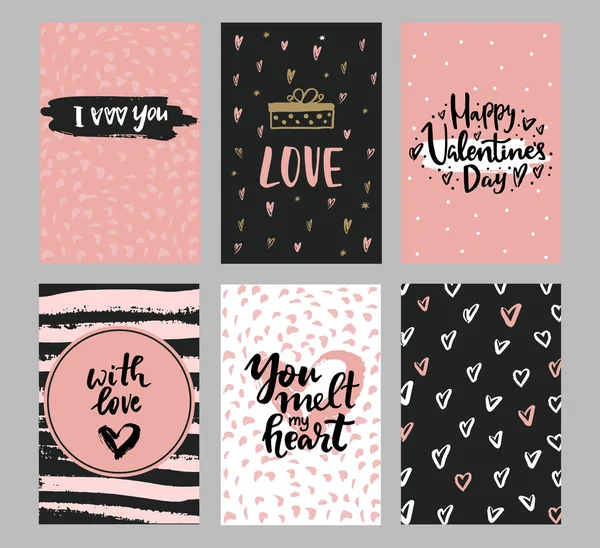 Sevgililer Günü tebrik kartları, el yazısıyla tebrik kartları ve arka planda dekoratif desenli fırça darbeleri. Sevgililer günün kutlu olsun. Seni seviyorum.