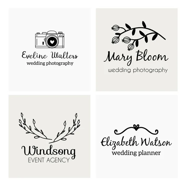 İş yeri ve kırtasiye malzemeleri için el yapımı şirin, şık ve basit logo tasarımları. Fotoğraf, düğün ve etkinlik ajansı için vektör simgeleri ve illüstrasyonların toplanması